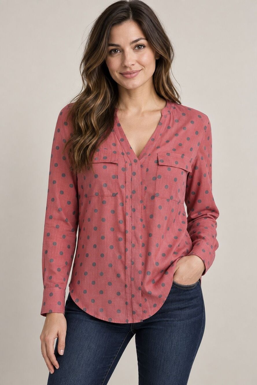 Express Womens Small Pink Gray Polka Dot V Neck Long Sleeve Blouse Career